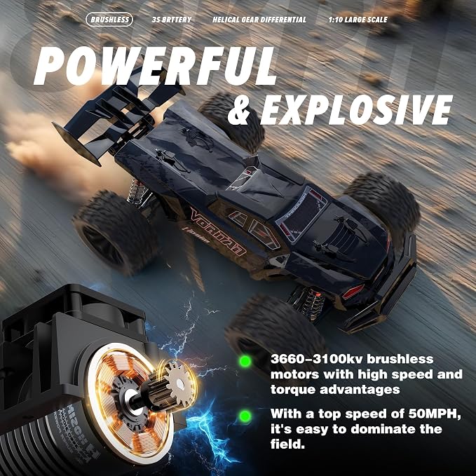 Hosim Mini 1/8 RC Truck for Adults Fast 50+mph, Vortan Electric RTR Brushless RC Cars All Terrain 4WD Off Road Hobby RC Car Waterproof Remote Control Car for Snow/Sand/Beach Toy Gift with 3S Battery