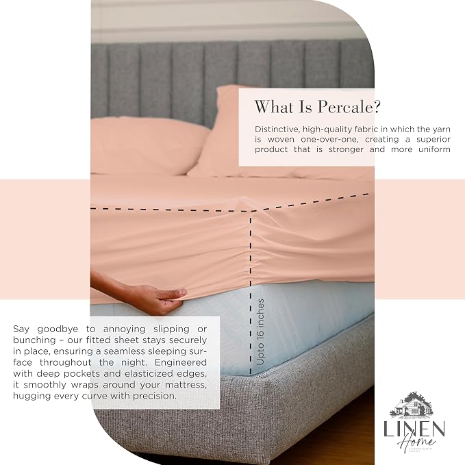 Linen Home 100% Cotton Percale Sheets King Size, Tropical Peach, Deep Pocket, 4 Pieces Set- 1 Flat, 1 Fitted and 2 Pillowcases, Crisp Cool and Long Staple Strong Bed Linen