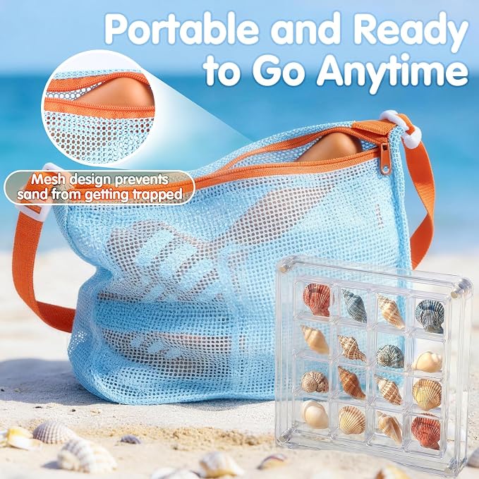 2 Pack Beach Sand Sifter with Seashell Bags & Shell Display Case, Beach Toys for Kids Beach Seashell Collecting, Seashell Beach Shovels for Boys and Girls