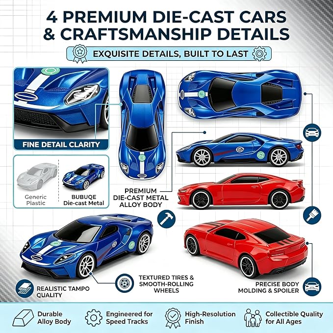 Dual Toy Car Race Track Set for Kids 2 Player Loop & Launch Car Track Toy with Score Points, 4 Metal Alloy Racing Cars, Interactive Sound Effects & Competitive Stunt Challenge for Boys & Girls
