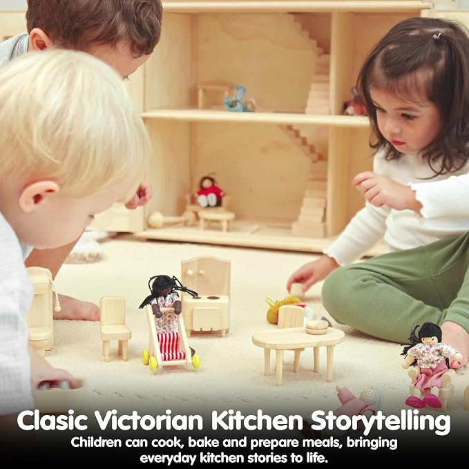 PlanToys® Wooden Victorian Kitchen Set | Montessori Dollhouse Kitchen Setup for Food Preparation, Social Skills & Imaginative Storytelling | Eco Friendly Wooden Dollhouse Kitchen Furniture