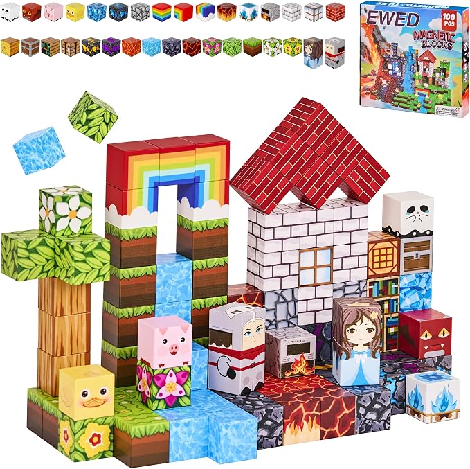 100PCS Magnetic Blocks, Magnetic Building Blocks Cubes Tiles, STEM Educational Stacking Magnets School Game Toys for Kid Ages 3 4 5 6 7 8 9 10 11 Birthday Party Supplies Gifts for Boys and Girls