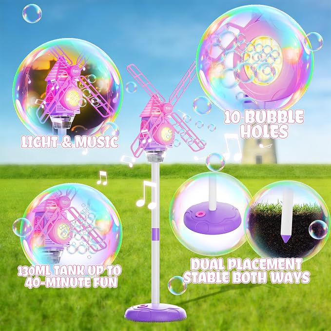 Windmill Bubble Machine for Kids, 51" Adjustable Height Standing Bubble Maker with Lights & Music, 10-Hole Battery Operated Bubble Blower with 130ml Tank, Outdoor Backyard Party Toys for Toddlers