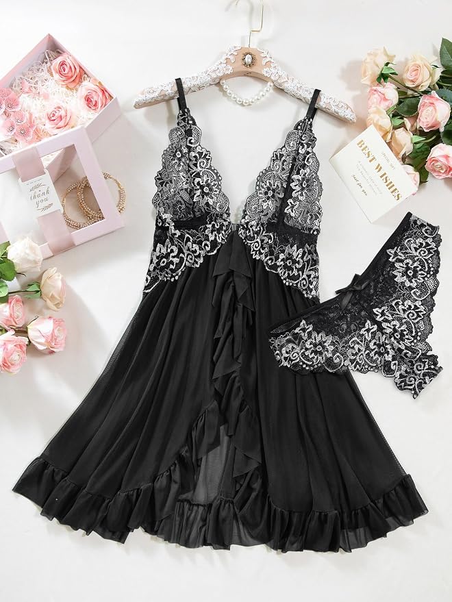Foxiny Sexy Open Front V Neck Ruffle Sheer Mesh Lace Wireless Babydoll Lingerie Dress with Thong 2 Piece