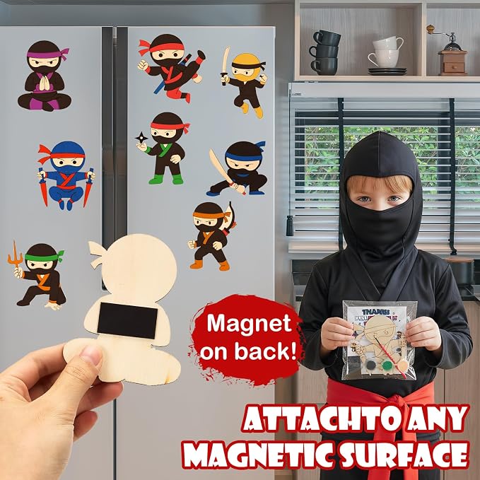 Bafeil 24 Set Ninja Party Favors - Paint Your Own Wooden Magnets Painting Kit for Birthday Party Decorations Party Supplies with Card, Goodie Bag Stuffers Back to School Classroom Return Gift