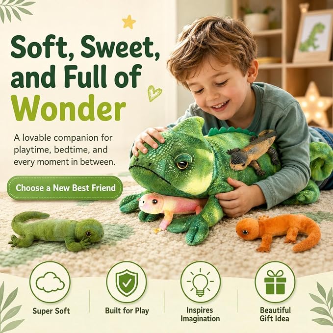 Green Lizard Plush, 27-Inch Mother Iguana Stuffed Animal with 4 Baby Lizard Plushies, 5-Piece Soft Giant Reptile Toy for Kids Gifts