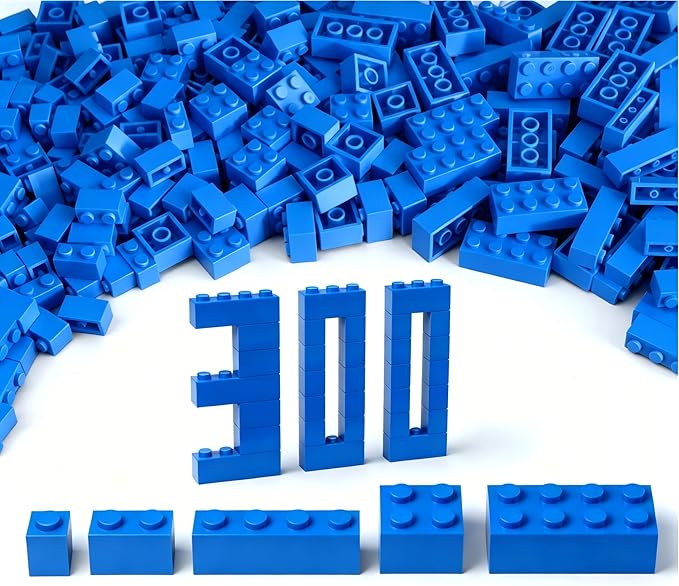 300Pcs Building Brick Bulk, Blue Bulk Bricks with 5 Sizes, Compatible with Lego and Parts and Pieces, Creative Building Block Toys for Boys Girls Ages 6 7 8 9 10 Years Old