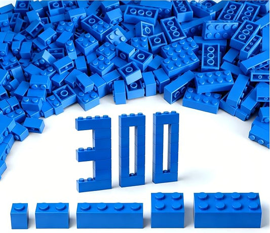 300Pcs Building Brick Bulk, Blue Bulk Bricks with 5 Sizes, Compatible with Lego and Parts and Pieces, Creative Building Block Toys for Boys Girls Ages 6 7 8 9 10 Years Old