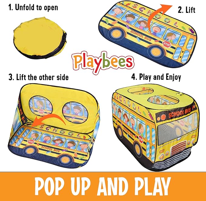 Playbees Musical School Bus Pop Up Play Tent with 3 Openings - Tent for Toddlers - Indoor & Outdoor - Pop Up Tents for Kids - Includes Carry Bag and Sound Button- 43.5x28x26.5 Inch