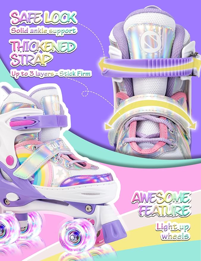 SULIFEEL Rainbow Unicorn 4 Size Adjustable Roller Skates for Girls Boys for Kids Ages 3-5 5-8 6-12 Children Skates Indoor Outdoor