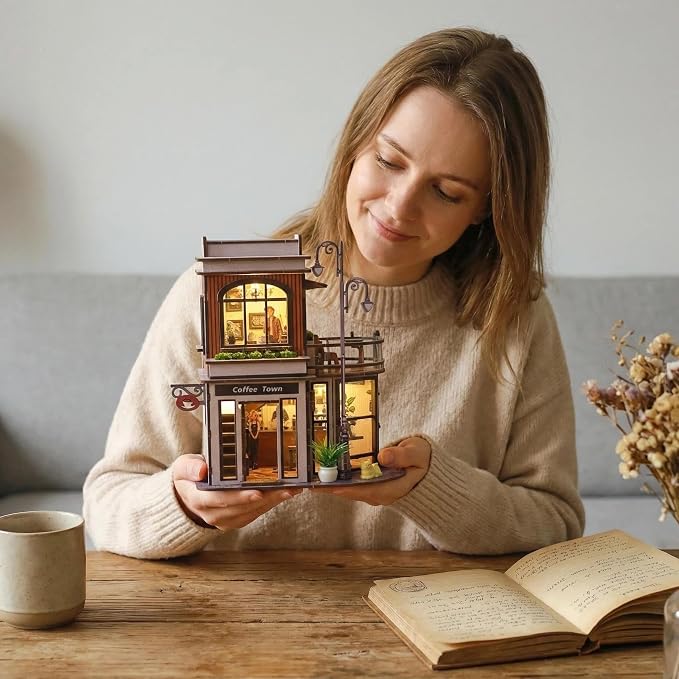 DIY Book Nook Kit, DIY Miniature House Wooden Coffee Shop Dollhouse with LED Light, 3D Wooden Puzzle for Adults & Teens Creative Bookshelf Decor, Craft Hobby Gift