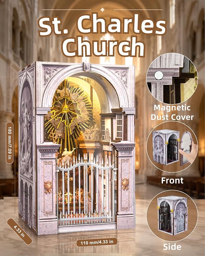 CCCDF DIY Book Nook Kit, Wooden Miniature Dollhouse with LED Light & Dust Cover, 3D Wooden Puzzle Craft for Adults, Religious Architecture Bookshelf Decor (St. Charles Church)