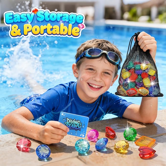 DISHIO Diving Toys for Kids, Seek Treasure Underwater Pool Gem Hunt Pool Game with 60PCS Sinking Gems, Pirate Treasure Chest, 35PCS Game Cards, Summer Swimming Pool Toys for Toddlers Kids Age 3-10