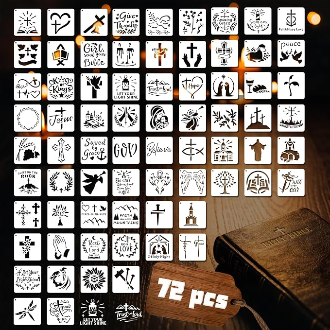 72 PCS 3x3 Inch Religion Christian Stencils for Painting - Religious Jesus Christ Cross Angels God Reusable Painting Templates on Wood, Glass, Fabric, Window Door Decor DIY Decoration