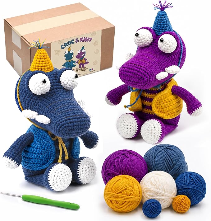 Crochet Kit for Beginners - Easy DIY Crochet & Knitting Starter Set with Soft Cotton Yarn & Step-by-Step Instructions Manual, Learn to Crochet Kits for Adults Beginners Birthday Gifts(Purple+Blue)