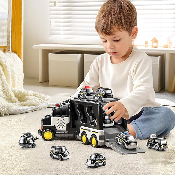 JUKUDAHU Police Truck Toy for 3 4 5 6 Years Old Boys - Carrier Vehicle Toy Set with 3 Small Cars and 1 Helicopter, Kids Firction Powered Car for Age 3-9, Gifts for Boys and Girls