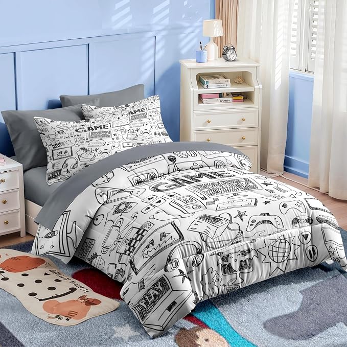 Nesker 7 Pcs Comforter Set Queen Size, Computer Games Doodles Bedding for Kids Teen, Gamer Gaming Black with Fitted Sheet 2 Pillowcases & 2 Shams for Bedroom Bed Decor