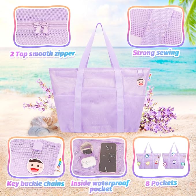 Tagitary Beach Toys for Kids and Mesh Beach Bag with Zipper, Large Beach Tote with 8 Pockets, Sand Toys Storage Pool Bag Beach Accessories for Sports Camping Picnic Travel