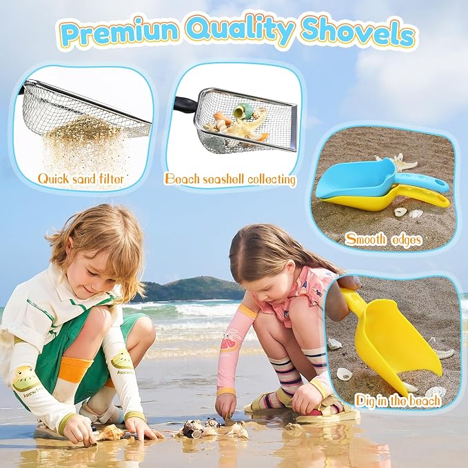 Beach Sand Toys Set for Kids, 2-Pack Collapsible Sand Buckets with 2 Metal Sifter & 2 Plastic Shovels & Mesh Bag | for Easter Egg Hunt Shell Collecting Castle Building Summer Travel