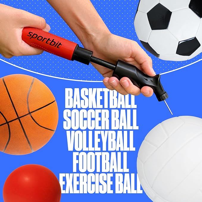 SPORTBIT Ball Pump for Sports Balls - Push & Pull Inflating System - Hand Pump for Exercise Balls - Volleyball Pump, Basketball Inflator, Ball Air Pump - Goes with 5 Needles Set