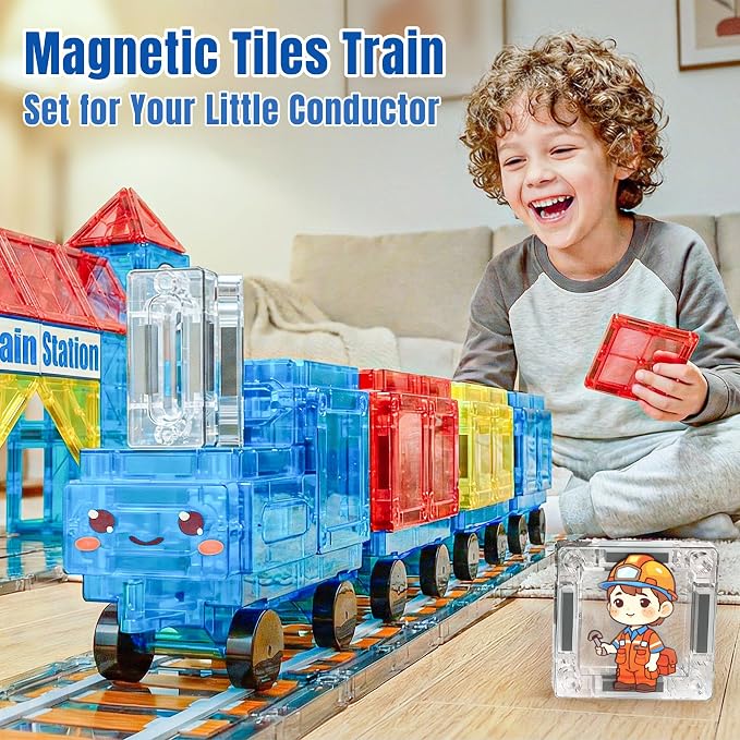 SKTMYY Magnetic Tiles Train Toys, Train Station Magnet Tiles for Kids Ages 4-8 with Magnetic Tiles Cars, Preschool Classroom Educations STEM Learning Montessori Toys Gifts for Toddler Boys and Girls