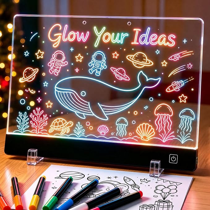 Rechargeable Led Drawing Board for Kids' Dry Erase Boards w/ 12 LED Light Effects,Art Kit Drawing Tablet,Drawing Pad for Kids Gifts for Boys,Girl Birthday Gift for 3-6 7 8 9 10 Year Old Travel