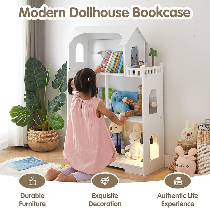 Wooden Dollhouse Bookshelf - Toddler Doll House Bookcase, Extra Space Kids Toy Storage Book Shelf, 3-Tier Children Dollhouse, Pretend Play Toy House (Modern Flat Roof)