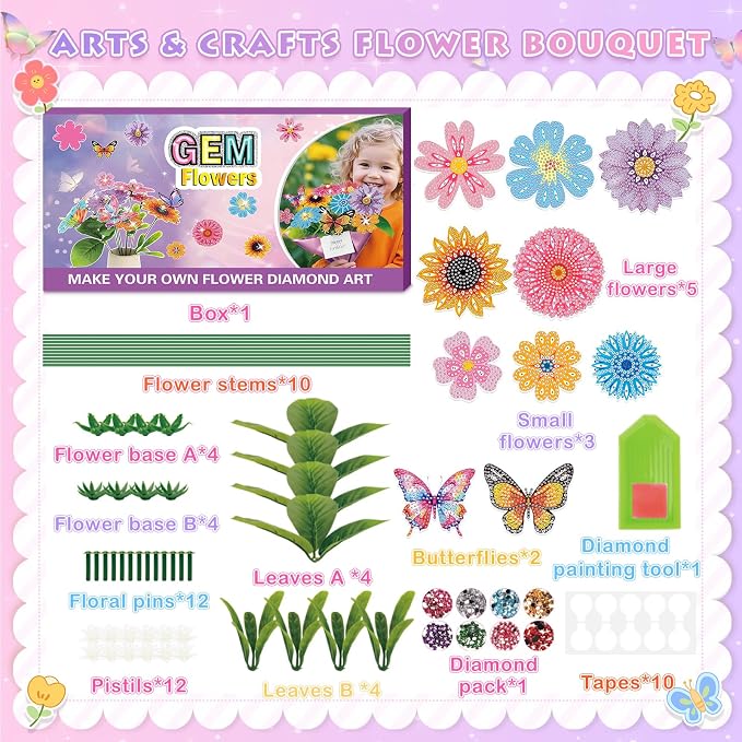 Crafts for Girls 8-12 - Make Your Own GEM Art Flower Bouquet - Arts and Crafts for Kids Ages 8-12 - Diamond Art Kits for Kids - 5D Dimond Art Paintings - DIY Art & Craft Gifts for 4 5 6 7 10 Year Old