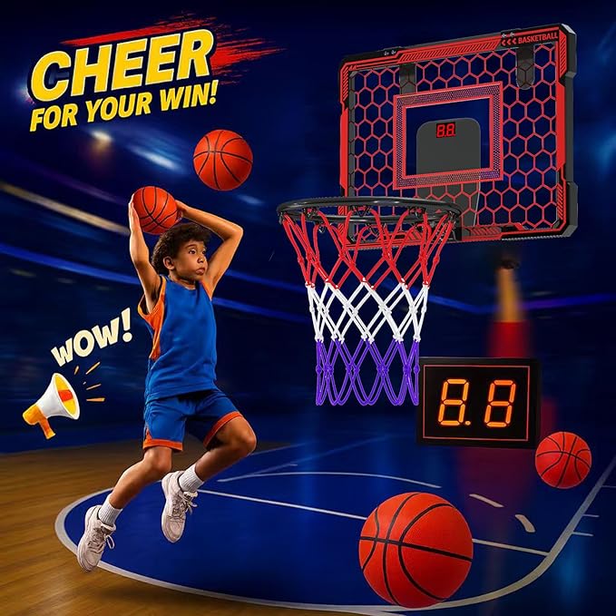Molutsody Indoor Basketball Hoop for Kids, Over The Door Mini Hoop with LED Light & Scoreboard - Easy Install & Safe for Doors, Birthday for 5 6 7 8 9 10+ Year Old Boys (Red)