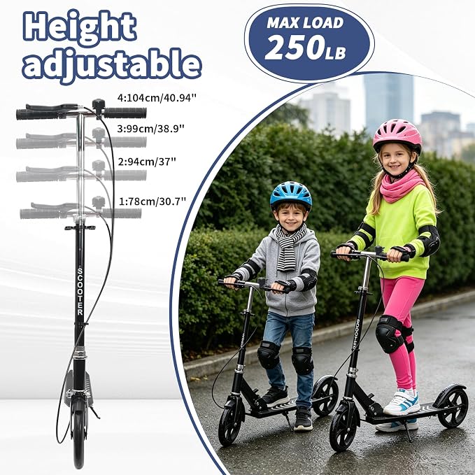 Scooters for Kids 8-12,Scooter for Teens Adults with 8-Inch Big Wheels Foldable Lightweight, 4 Adjustable Height Levels, 240 lbs Max Load Portable Scooter with Hand Brake