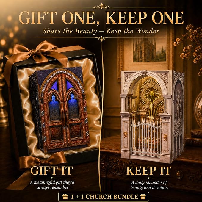 2 Pack DIY Dollhouse Kit, European Sacred Church Miniature with LED Light & Dustproof Design, Easy Assembly Wooden Architecture Craft for Adults Bookshelf Decor Creative Gift