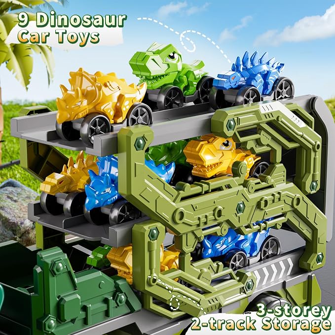 10 in 1 Dinosaur Truck Toys for Kids Aged 3-5 4-8 with Foldable Race Track, Carrier Truck with 9 Dinosaur Toy Car for Boys, Spraying, Light and Sound, Birthday Gifts for Girls Toddlers 5-7