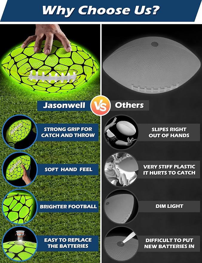 Jasonwell Glow in The Dark Football - Strong Grip Light Up Football Toy Stuff Gift Outdoor Sports Ball for Boys Kids Teen Junior Youth Adult Christmas Birthday Gifts for Ages 6-8 8-12 13+ Year Old