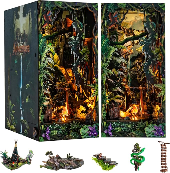 fifijoy Jungle Adventure Book Nook Kit - DIY Miniature Dollhouse Booknook for Adults, 3D Wooden Puzzle Bookend Bookshelf Decor with LED Light and Sound Effects, Creative Gift for Family, Friends