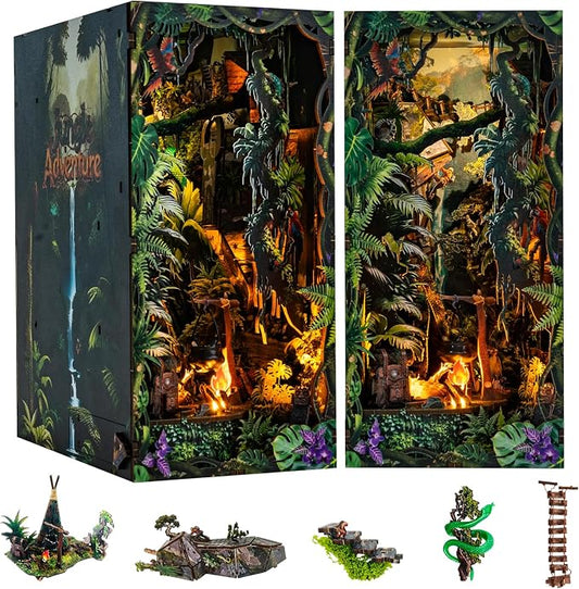 fifijoy Jungle Adventure Book Nook Kit - DIY Miniature Dollhouse Booknook for Adults, 3D Wooden Puzzle Bookend Bookshelf Decor with LED Light and Sound Effects, Creative Gift for Family, Friends