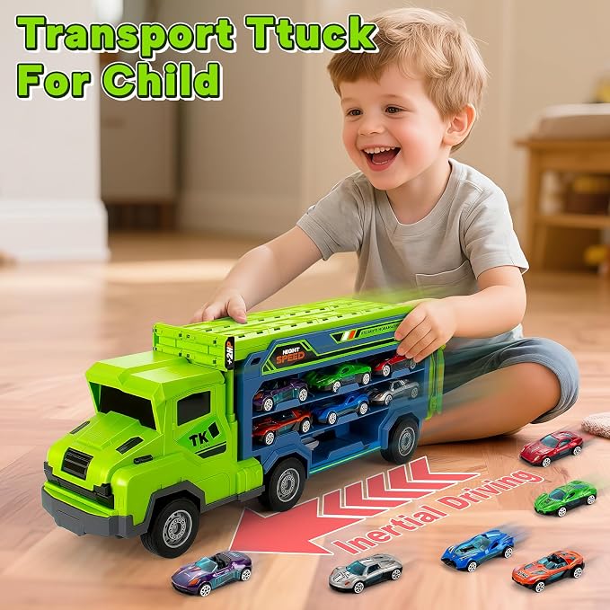 BainGesk Truck Toys Car for 3, 4, 5, 6 Years Old Boys, Carrier Race Truck Toys, Foldable 2 Layer Transport Car Toys with 27 in Race Track and 6 Metal Cars, Birthday Gifts for Toddler Boys Girls