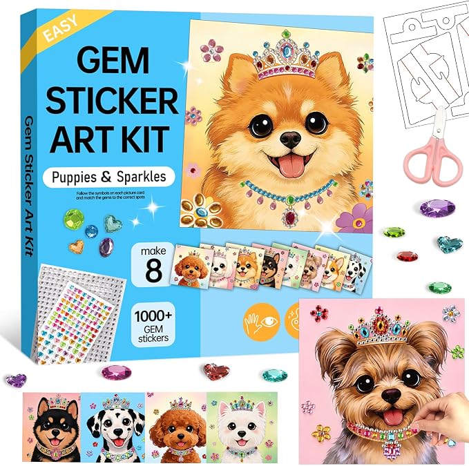 Marlrin Puppy Gem Crafts for Girls Ages 3-8, Dog Diamond Art Kit for Kids | 8 Pack Sticker Art, 1000+ Gems, Peel & Stick No Mess, Display Stand, Easy Crafts, Birthday & Christmas Gift for Girls