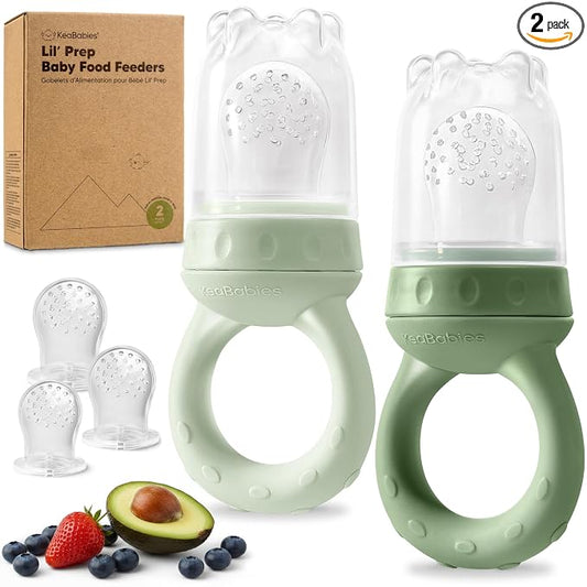 KeaBabies Baby Fruit Feeder 2pk - Silicone Baby Food Feeder for Babies 6-12 Months, Breast Milk Popsicle Teether, Weaning, Pacifier, Freeze Frozen Solid Food, Infant Feeding Essential (Soft Fern)