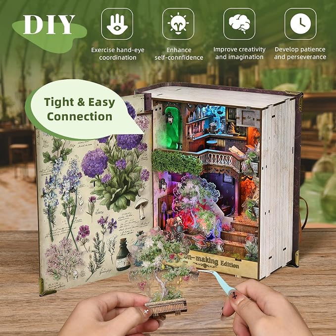 CCCDF Book Nook Kit, DIY Miniature Dollhouse Booknook Kit, 3D Wooden Puzzle for Teens and Adults, Bookend Bookshelf Insert Decor with LED Light (Potion-Making Edition)