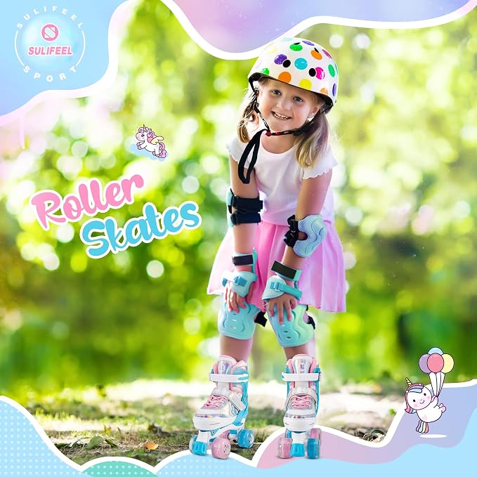 SULIFEEL Rainbow Unicorn 4 Size Adjustable Roller Skates for Girls Boys for Kids Ages 3-5 5-8 6-12 Children Skates Indoor Outdoor