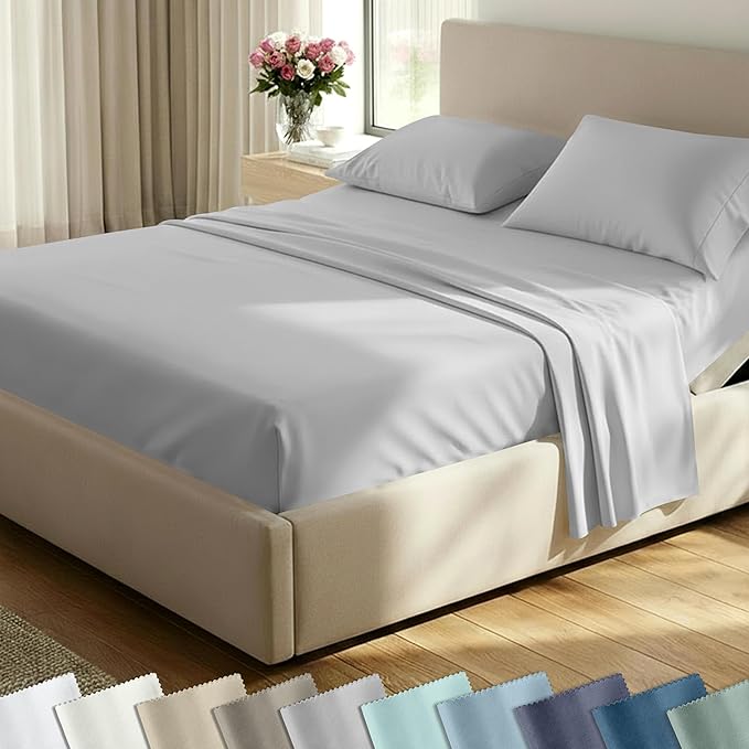 California Design Den Soft 100% Cotton Split King Sheet Set, 400 TC Good Housekeeping Award Winner, Silky Smooth Sateen Weave with Deep Pockets, Breathable and Durable Cotton Bedding Set - Light Grey