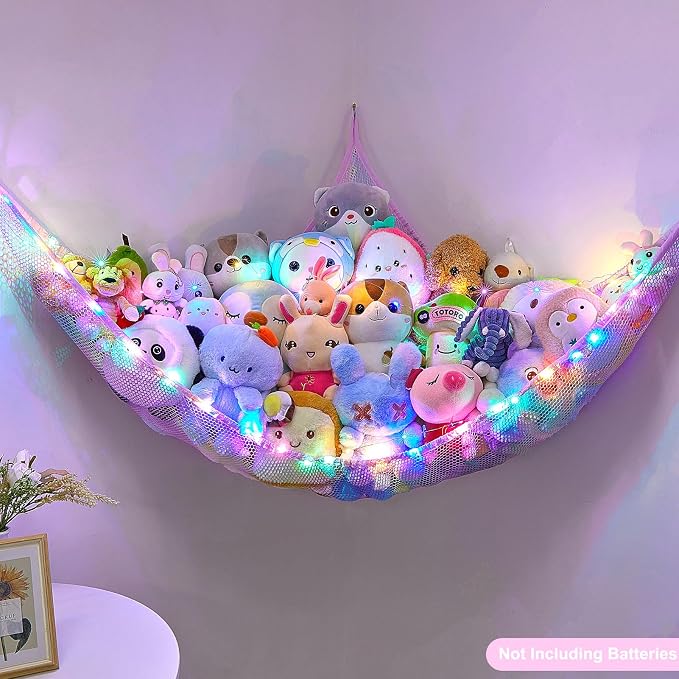 Unicorn Castle Stuffed Animals Net or Hammock Kids Toy Storage Organizer with LED Light Hanging Corner Stuffed Animals Holder Kids Girls Room Decor,Pale-Pink,Large (Pack of 1)
