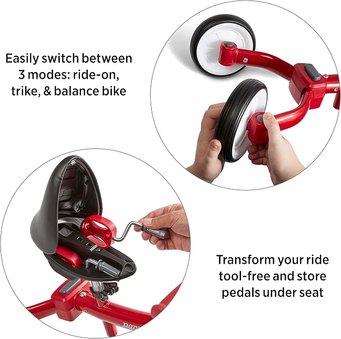 Radio Flyer Triple Play Trike, For Ages 1-3, 3-in-1 Ride-On, Tricycle or Balance Bike, Tool-Free Transformation, Adjustable Padded Seat, Pedal Storage, Ringing Bell, Steel Frame, Tricycle for Toddlers
