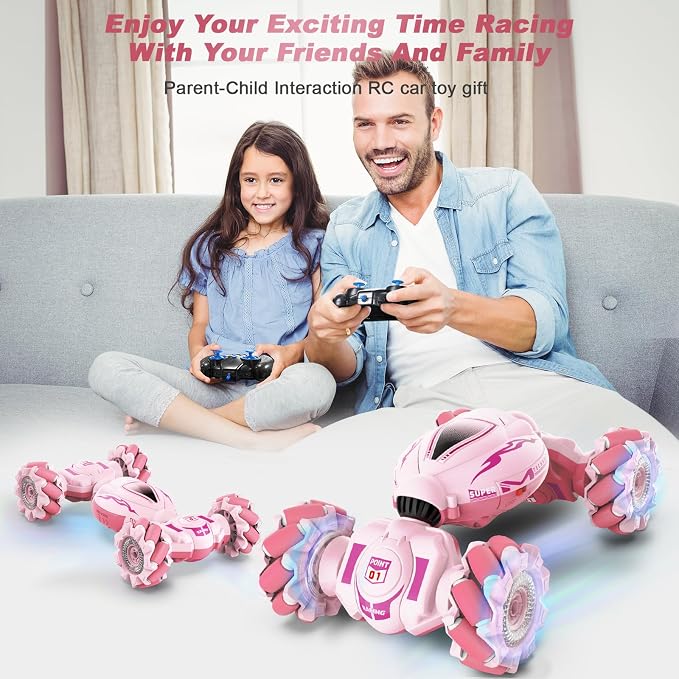 Fosgoit Pink RC Car Toys for Girls Aged 6-12, Gesture Sensing RC Stunt Cars with Lights Music for Girl Birthday Xmas Gifts, 2.4GHz 4WD Pink Remote Control Toy Double-Side Flip 360° All-Round Rotation