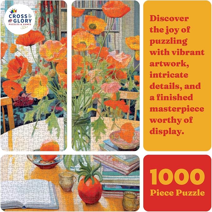 Cross & Glory - Poppies Panorama: Orange Elegance - Jigsaw Puzzles 1000 Pieces for Adults | Floral Puzzle | Vibrant Art | Satin Finish Flower Puzzles for Adults 1000 Pieces | 20 x 27 Inches