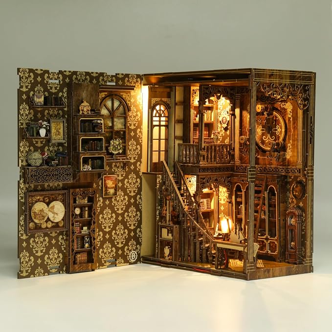 Book Nook Kit, DIY Miniature House Kit, Mini House Building Kit, Miniature Dollhouse Kit for Adults and Teens, 3D Wooden Puzzles with LED Light, Bookshelf Craft Kit (Ancient Book Collection Room)