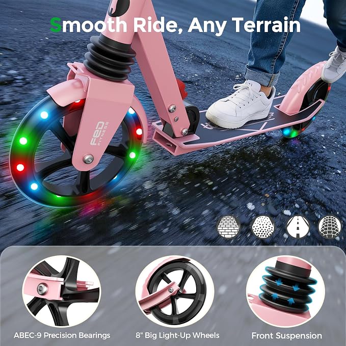 WAYPLUS KS1 Kick Scooter for Ages 6+,Kid, Teens & Adults. Max Load 240 LBS. Foldable, Lightweight, 8IN Big Wheels for Kids, Teen and Adults, 4 Adjustable Levels. Bearing ABEC9 FED Fitness