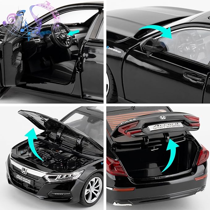 WAKAKAC Toy Cars Compatible for 1:24 Accord Model Cars, Pull Back Die-cast Vehicles with Sounds＆Lights for Kids Boys Girls and Adults, Gift Black