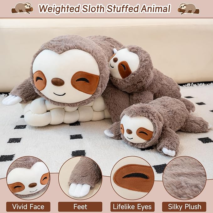 SQEQE Weighted Stuffed Animals Sloth Plush, Weighted Sloth Stuffed Animals Plushies, Soft Pillow Toy for Kids Adults, Valentines & Birthday Gifts 9.8 Inch, 0.8 Lb