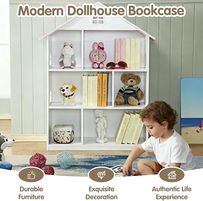 Kids Dollhouse Bookshelf and Toy Storage - Wooden Stand Dollhouse Bookcase with 3-Tier Storage Display, Bookshelf for Playing Room, Nursery, Gift for Boys Girls (6 Room - Pink with White)